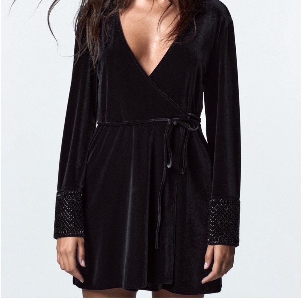 Zara Black Velveteen Wrap Mini Dress with Beaded Cuffs NWT